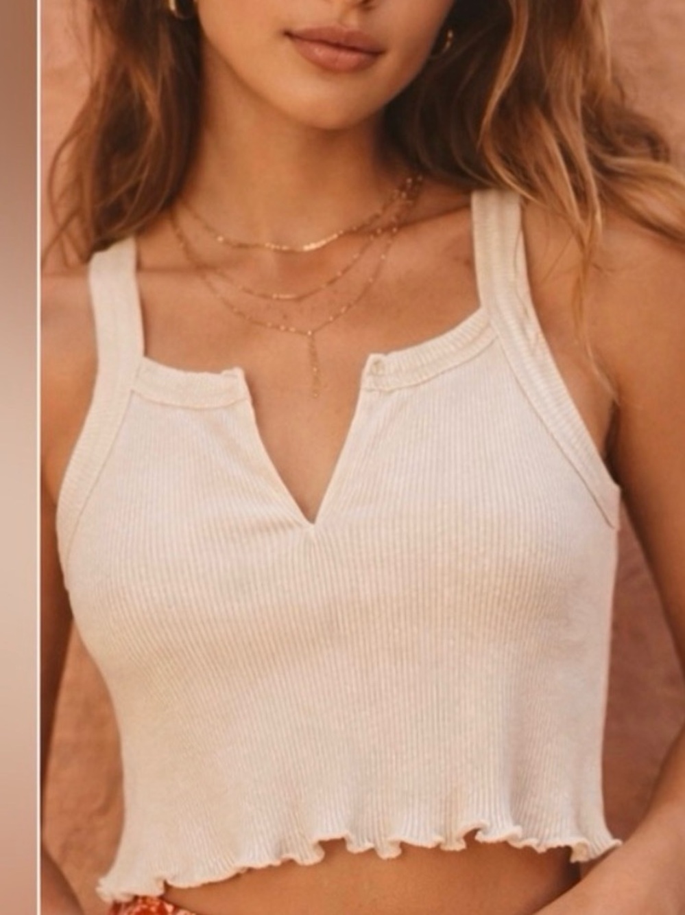 Urban Outfitters Cream Fitted Tank Top with Split V-Neck